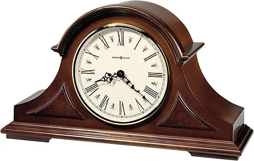 Howard Miller Burton II Mantel Clock, Decorative Top Molding with Triangular Burl Overlays, Analog Dial Roman Numerals Triple-Chime Movement, Volume Control Timepiece for Home Decor & Office