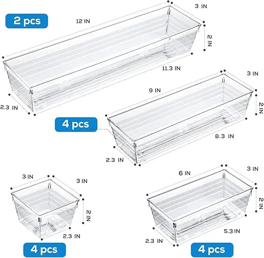 DCA 14 PCS Clear Plastic Drawer Organizer Tray, 4 Sizes Desk Drawer Divider Organizers and Storage Bins for Makeup, Kitchen Utensils, Jewelries and Gadgets