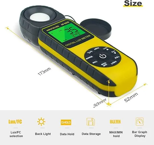 Light Meters, AP-881D Lux Meter with Ambient Temperature(℃/℉)Measurer Light 0.01~400,000 Lux (0.01~40,000 FC), Luxmeter with 270º Rotated Sensor, Back Light, Data storag for Plants LED Indoor Lights