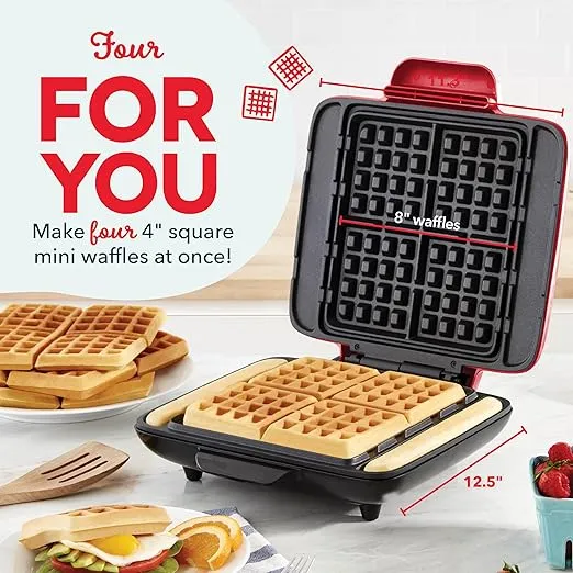 Dash Deluxe No-Drip Waffle Iron Maker Machine 1200W + Hash Browns, or Any Breakfast, Lunch, & Snacks with Easy Clean, Non-Stick + Mess Free Sides, Red