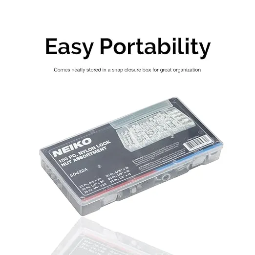 NEIKO 50432A Hex Nut Assortment Set | 150 Pc Nylon Locking Nuts | A3 Steel Hex Assorted Hardware Kit #10 & SAE | Metal Screw Nut for Bolts | Friction Lock Nut