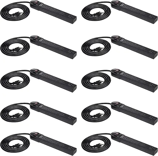 Amazon Basics Rectangular 6-Outlet Surge Protector Power Cord Strip, 790 Joule, Black, 10-Pack