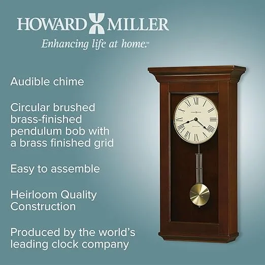 Howard Miller Continental Wall Clock 625-468 Cherry Bordeaux Finish, Circular Brushed Brass Pendulum Bob, Quartz Single-Chime Movement, Volume Control