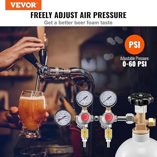 VEVOR CO2 Regulator Gauge with 0-60PSI, Heavy Duty CO2 Gauge Gas System, Draft Beer Regulator with Check Valve, Adjustable Pressure Regulator for Draft Beer Homebrew (Triple Gauge Regulator)