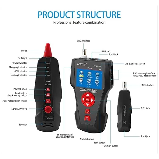 NOYAFA NF-8601W Network Cable Tester TDR Multifunctional Network Cable Tester for RJ45, RJ11, PING/POE/BNC 8 identifiers LAN Ethernet Cable Tester Phone Line TracerAT226-C