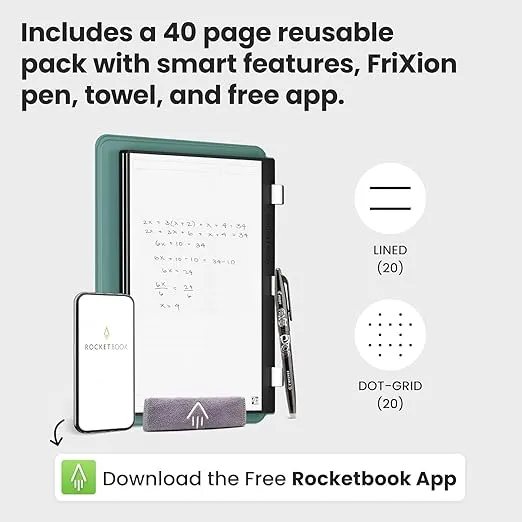 Rocketbook Pro 2.0 Smart Notebook | Green | Scannable Office Notebook with 20 Sheet Page Pack - Lined and Dot Grid | Hardcover Vegan Leather Reusable Notebook with 1 Pilot Frixion Pen & 1 Microfiber Cloth | Executive Size: 7 in x 9 in