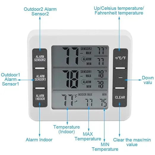 Fridge Thermometer, Digital Refrigerator Freezer Thermometer Monitor with 2 Sensors with Audible Alarm, for Indoor and Outdoor Use, Easy to Read LCD Display