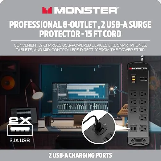Monster Pro MI Professional Surge Protector Power Strip with Fireproof MOV Technology for Computers, Amplifiers, Pedal Boards, and Pro Audio Gear - 1960 Joule, 15 ft Cord, 8 Outlet, 2 USB