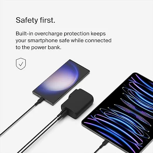 Belkin Portable Charger, Hybrid Power Bank 5K + Wall Charger 25W - 2-in-1 Portable Charger, Portable Battery Charger w/USB-C Port & USB-A Port - Travel-Friendly, Dual-Port Charging Device - Black