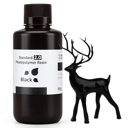 ELEGOO Upgraded Standard 3D Printer Resin 2.0 405nm UV Curing Photopolymer Resin for Mars Saturn Jupiter MSLA DLP LCD 3D Printing, High Precision, Low Odor, Black 500g