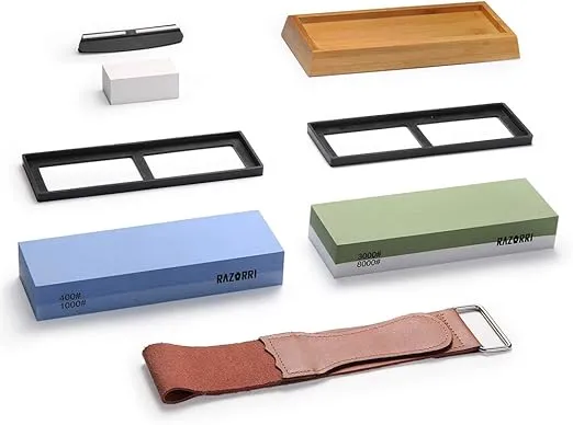 Razorri Knife Sharpening Stone Kit, Double-Sided 400/1000 and 3000/8000 Grit Whetstones, Flattening Stone, Leather Strop, and Angle Guide Included, Sharpen and Polish Any Metal Blade (Flat Base)