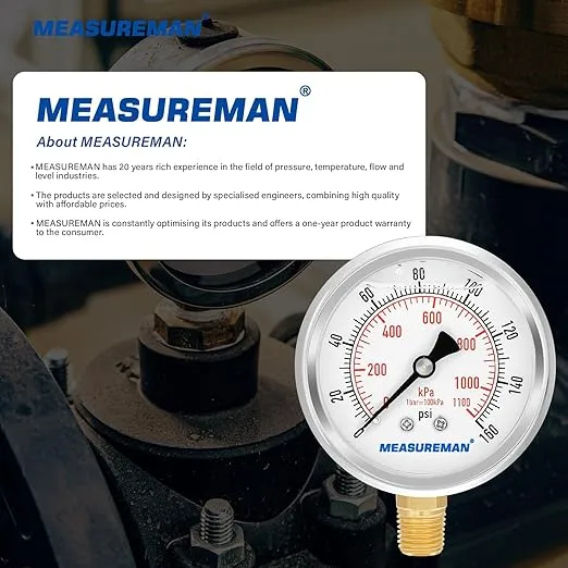MEASUREMAN 2-1/2inch Dial Size, Oil Filled Pressure Gauge, 0-160psi/kpa, 304 Stainless Steel Case, 1/4inchNPT Lower Mount