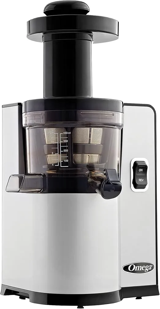 Omega VSJ843QS Vertical Masticating 43 RPM Compact Cold Press Juicer Machine with Automatic Pulp Ejection, 150-Watt, Silver