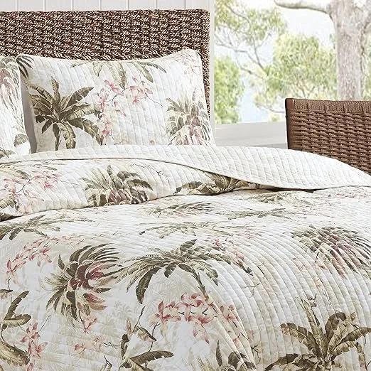 Tommy Bahama - Quilt Set, Reversible Cotton Bedding with Matching Shams, Lightweight Home Decor for All Seasons (Bonny Cove Ivory, King), Green/Orange/Beige