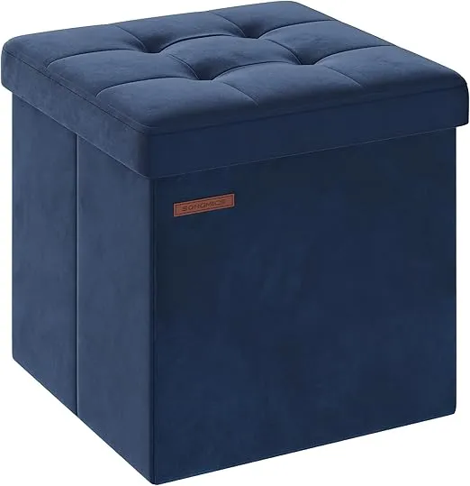 SONGMICS Storage Ottoman, Foldable Small Ottoman Foot Rest, 15 Inches Foot Stool, Cube Ottoman with Storage, Load up to 660 lb, for Living Room, Bedroom, Dorm, Midnight Blue ULSF227Q01