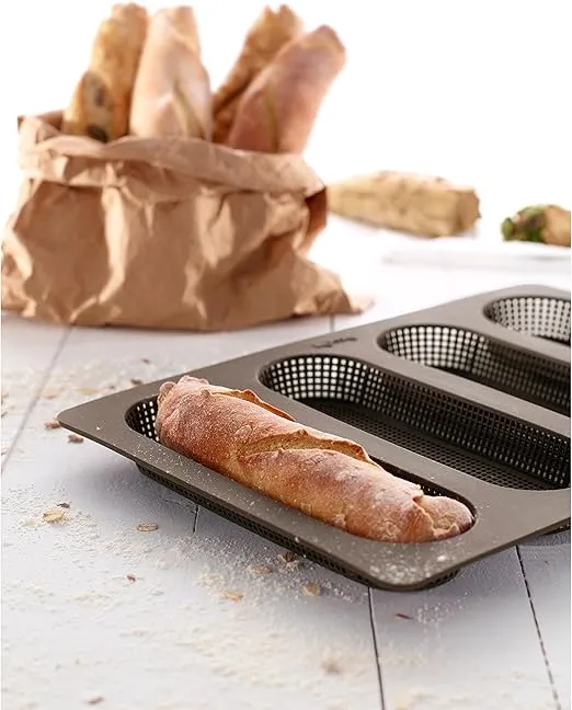 Lekue 4 Cavity Micro Perforated Mini Baguette Baking Pan, Brown