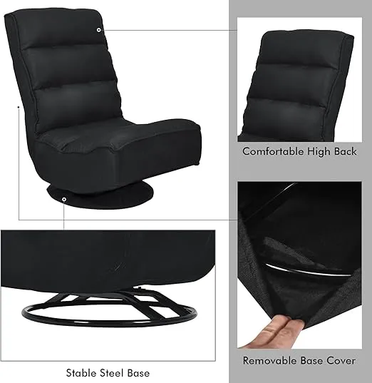 COSTWAY Folding Floor Chair, Adjustable 5-Position Video Gaming Chair with 360 Degree Swivel, Detachable Cover, Padded Backrest, Multipurpose Living Room Floor Lounger for TV, Reading, Playing (Black)