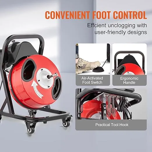 VEVOR Drain Cleaner Machine 50FT x 1/2 Inch, Manual Feed Sewer Snake Auger - with Wheels, 4 Cutters & Air-activated Foot Switch for 2" to 4" Pipes