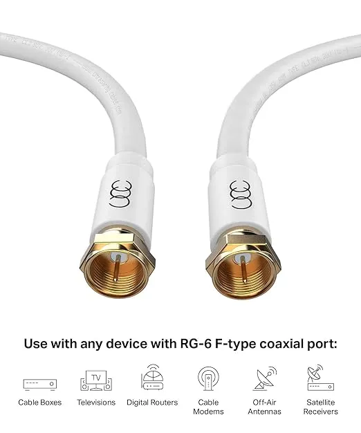 Coaxial Cable TV Coax Cables 15ft (2 Pack), RG6 Coax TV Cable Cord CL3-Level in-Wall Rated Gold Plated Connectors Digital Audio Video with Male F Connector Pin (White) - 15 Feet