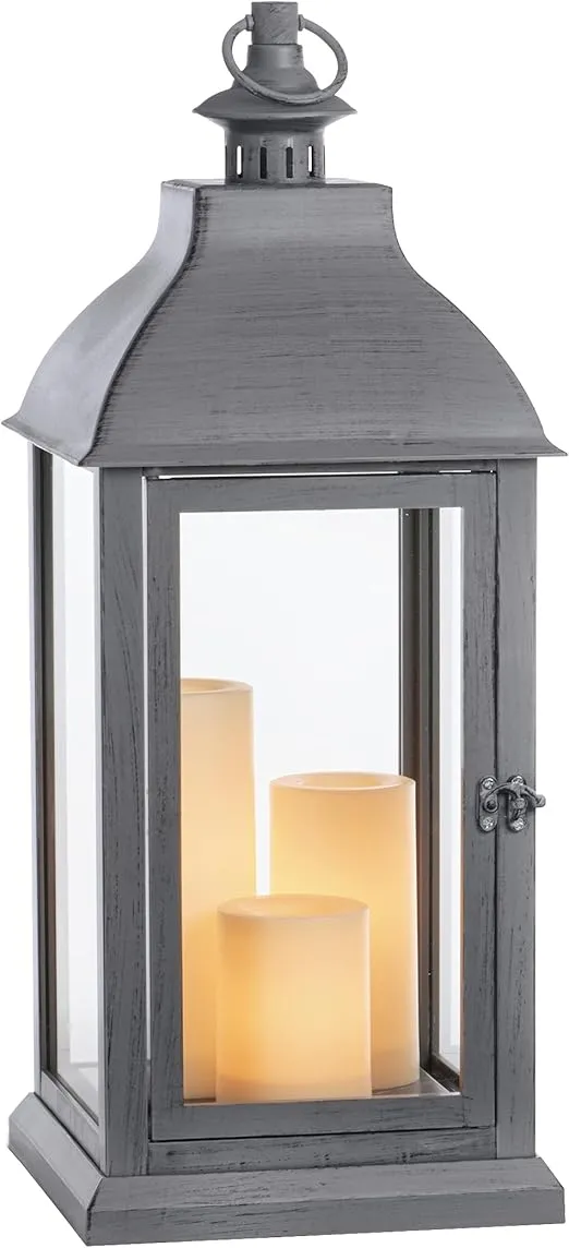 Sterno Home GL43858 Hanging Farmhouse LED Light Flameless Candle Lantern, 23.5 in, Grey