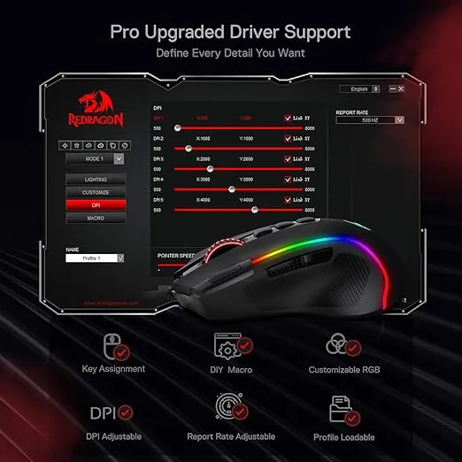 Redragon M612 Predator RGB Gaming Mouse, 8000 DPI Wired Optical Mouse with 11 Programmable Buttons & 5 Backlit Modes, Software Supports DIY Keybinds Rapid Fire Button