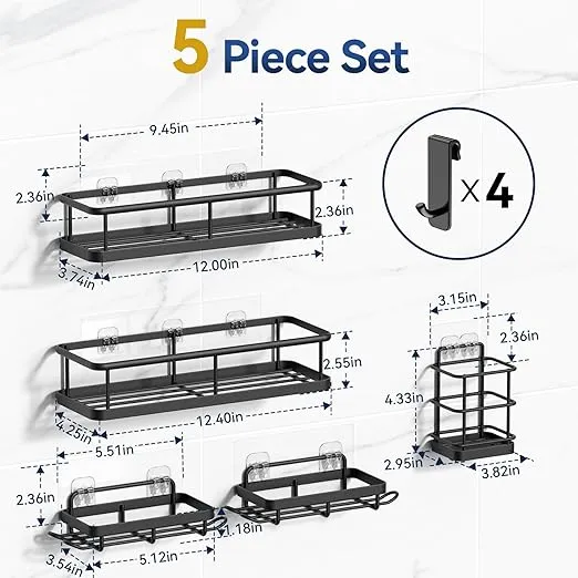 YASONIC Shower Caddy Adhesive 5 Pack, No Drill Bathroom Shower Organizers with Removable Hooks, Rust Proof Shower Shelves for Inside Shower, Wall-Mounted Shower Holder, Black