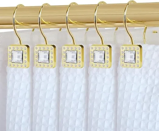 Utopia Alley Shower Rings, Double Shower Curtain Hooks for Bathroom, Rust Resistant Shower Curtain Hooks Rings, Crystal Design, Set of 12 (Gold)