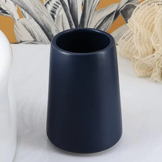 Elegant Stoneware Bathroom Tumbler & Toothbrush Holder - Flared Shape, 14 oz (Navy Blue)