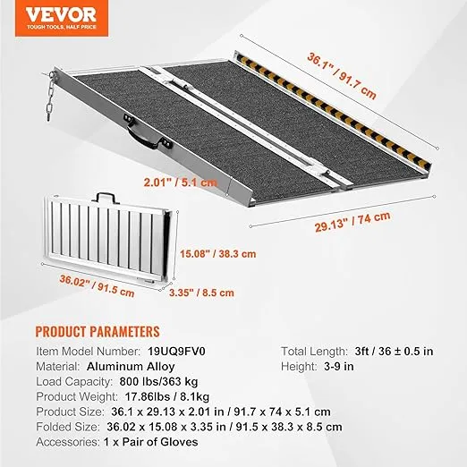 VEVOR Portable Wheelchair Ramp 3FT, Non-Slip Aluminum Folding Handicap Ramp, Door Threshold Ramps for Wheelchair for Home,Wheel Chair Ramp Steps, Cars, Scooter, Cart, Curbs, Stairs