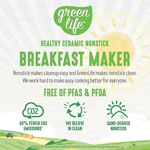 GreenLife 3-in-1 Breakfast Maker Station, Healthy Ceramic Nonstick Dual Griddles for Eggs Meat Sausage Bacon Pancakes and Breakfast Sandwiches, 2 Slice Toast Drawer, Easy-to-use Timer, White