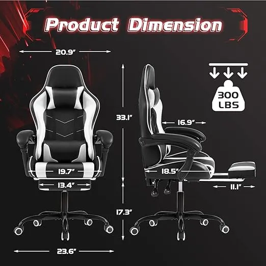 Shahoo Gaming Chair with Footrest and Massage Lumbar Support, Video Game Chairs 360°Swivel and Height Adjustable Seat with Headrest for Office or Bedroom, Study Room, White