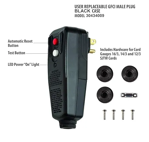 Tower Manufacturing 30434009 Auto-Reset 15 AMP Right Angle GFCI Plug, Black