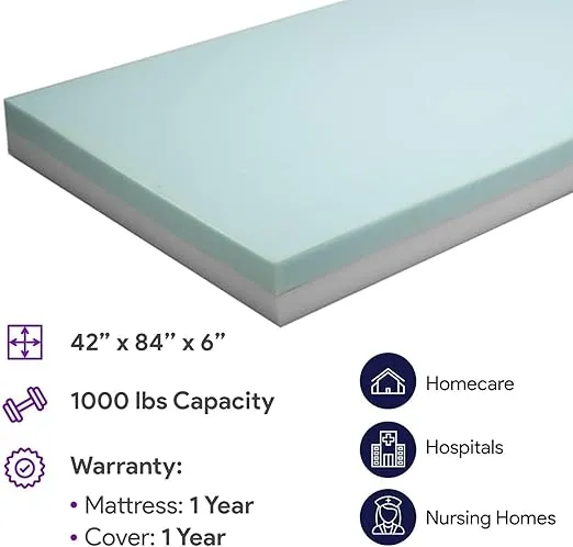 Bariatric Foam Hospital Bed Mattress for Pressure Redistribution - Two-Layered High Density Foam - Moderate to High Bed Sore Treatment Medical Mattress - 42" x 84" x 6"