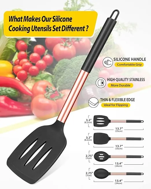 Pack of 4 Silicone Cooking Utensils Set, Non Stick Large Solid Spatulas, Heat Resistant Rose Gold Black Slotted Spoons, Ideal BPA Free Kitchen Turners for Frying, Mixing,Serving,Draining,Turning