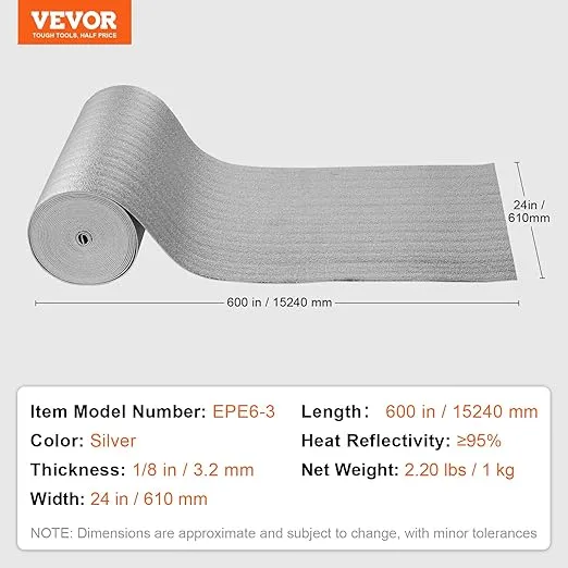 VEVOR Double Reflective Insulation Roll, Foam Core Radiant Barrier, 3.2 mm 23.8 in x 50 ft, Double-Sided Aluminum Foil EPE Foam Heat Reflective Shield, Thermal Insulation Roll for Window RV Roof