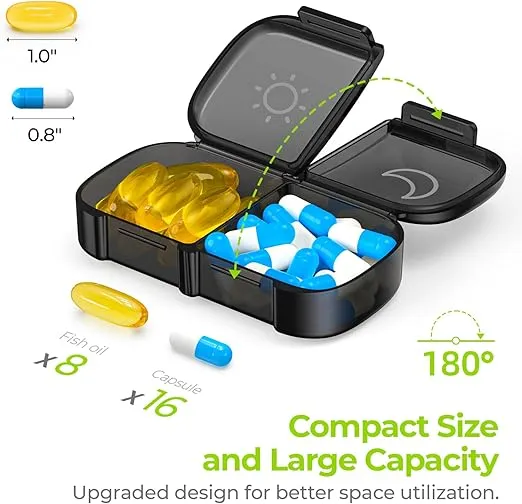 AUVON XL Weekly Pill Organizer 2 Times a Day, Pill Box 7 Day with One-Side Large Openings for Easy to Use, Black Privacy Protection AM PM Pill Case for Medication, Vitamins, Fish Oils, Supplements