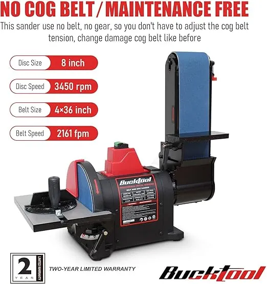 BUCKTOOL Pro 1HP Bench Belt Sander for Metal Working, 4 x 36 in Belt and 8 in Disc Sander with 1HP Direct-drive Motor, Benchtop Belt Disc Sander for Metalworking