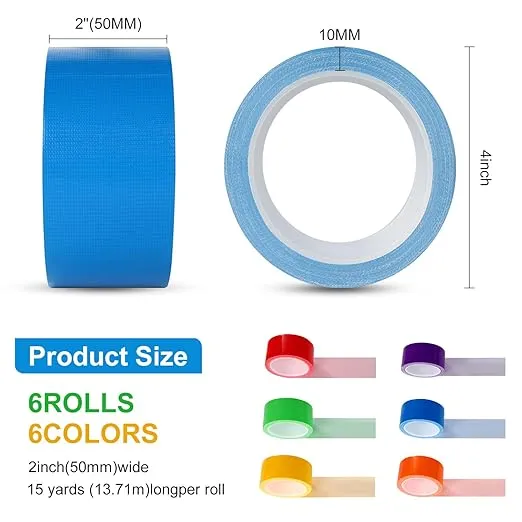 6 Pack Rainbow Colored Duct Tape 15 Yards x 2 Inch Heavy Duty Waterproof Duct Tape 6 Bright Duct Tape Colors Multipack for Arts、School Supplies