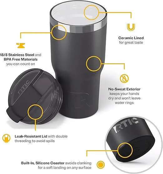 RTIC 20oz Essential Tumbler with Lid, Insulated, Stainless Steel, Metal, Double Wall Vacuum-Insulation, Ceramic Lined, Travel Cup for Iced Coffee, Tea, Hot and Cold Drink, Graphite