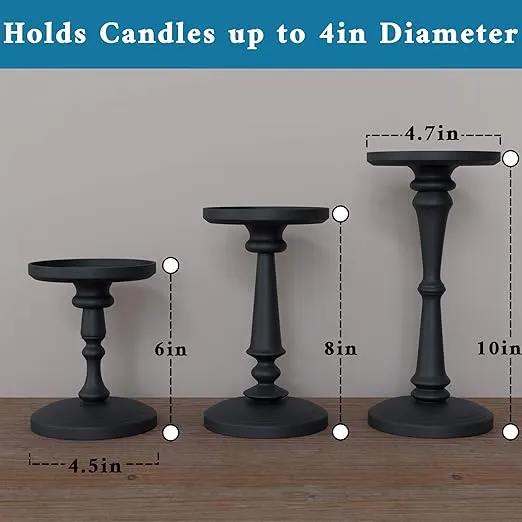 Matte Black Candle Holders Set of 3 - Metal Candle Holders for Pillar Candles - 3 Pillar Candle Holder Centerpiece - Pillar Candle Holders for Table - Black Candle Holder Set Candle Stands Decorative