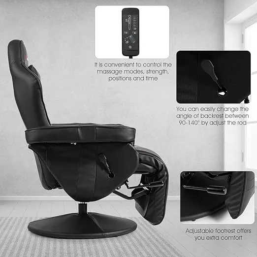Massage Gaming Chair, Reclining High Back Office Chair w/Adjustable Backrest & Footrest, PU Leather Swivel Ergonomic Computer Chair w/Side Pouch & Cup Holder for Adults (Black)