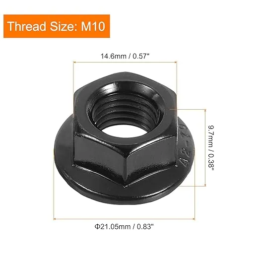 uxcell M10x1.25mm Serrated Flange Hex Lock Nuts, 20Pcs 304 Stainless Steel Non-Slip Metric Hexagon Flange Nut, Full Thread, Bright Finish, Black