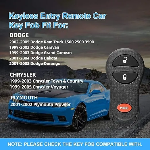 Key Fob Replacement for 1999-2003 Chrysler Town & Country, 2002-2005 Dodge Ram Truck 1500 2500, 1999-2003 Dodge Caravan, 2001-2003 Dodge Grand Caravan/Durango, 2001-2004 Dodge Dakota, GQ43VT17T