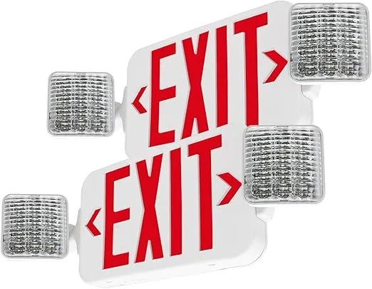 LFI Lights | Combo Red Exit Sign with Emergency Lights | White Housing | All LED | Two Adjustable Square Heads | Hardwired with Battery Backup | UL Listed | (2 Pack) | COMBO2-R