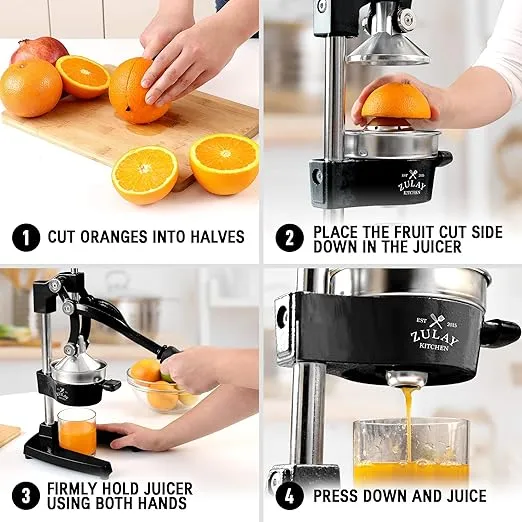 Zulay Kitchen Cast-Iron Orange Juice Squeezer - Heavy-Duty, Easy-to-Clean, Professional Citrus Juicer - Durable Stainless Steel Lemon Squeezer - Sturdy Manual Citrus Press & Orange Squeezer (Black)