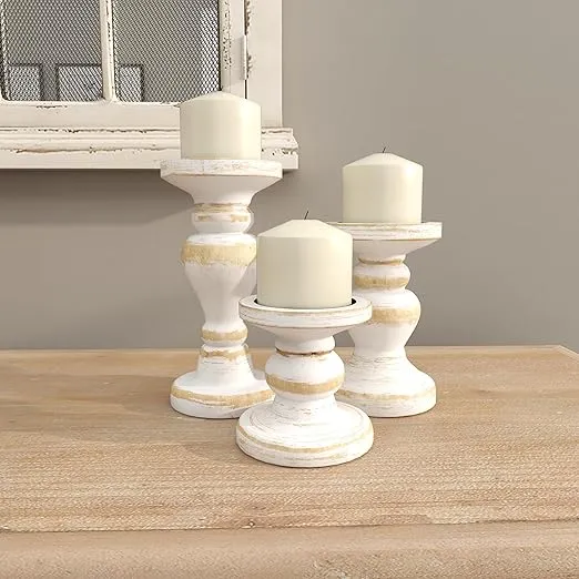 Deco 79 Wood Decorative Candle Holder Turned Style Candle Stand, Set of 3 Candlestick Holder 8", 6", 4"H, White