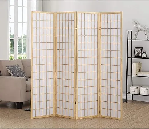 Roundhill Furniture Oriental Shoji 4 Panel Screen Room Divider, Natual