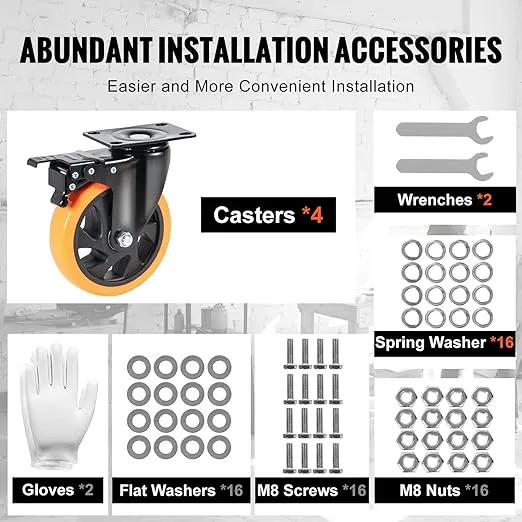 VEVOR Caster Wheels, 5-inch Swivel Plate Casters, Set of 4, with Security A/B Locking No Noise PVC Wheels, Heavy Duty 1800 lbs Load Capacity, Non-Marking Wheels for Cart Furniture Workbench