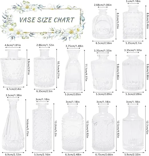 12pcs Glass Bud Vase Set, Small Clear Flower Vases for Centerpieces in Bulk, Mini Vintage Vase for Wedding, Home,Table Decoration