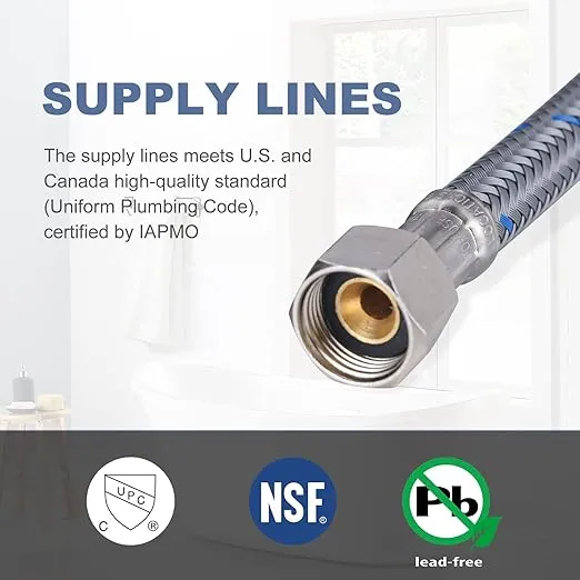 WOWOW 20" Length Faucet Supply Line, Bathroom Kitchen Faucet Lines Braided Nylon Sink Hose,cUPC Faucet Supply Lines 3/8" Female Compression Thread × M10 Male Connector 2Pcs (1 Pair)